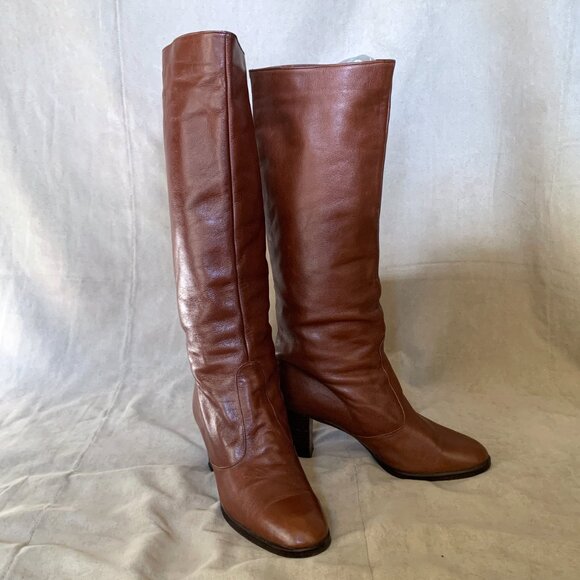 VINTAGE 1970s Sophisticates Brown Heeled Knee High Boots Women's Size 7 Pull On - Picture 3 of 10